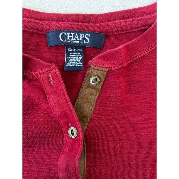 Chaps Pullover Top 1X Red Three Quarter Sleeve Round Neck Quarter Button Front - Picture 3 of 6
